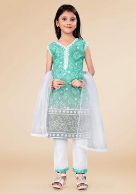 Green Printed  Cotton Salwar Kameez With Dupatta For Girls