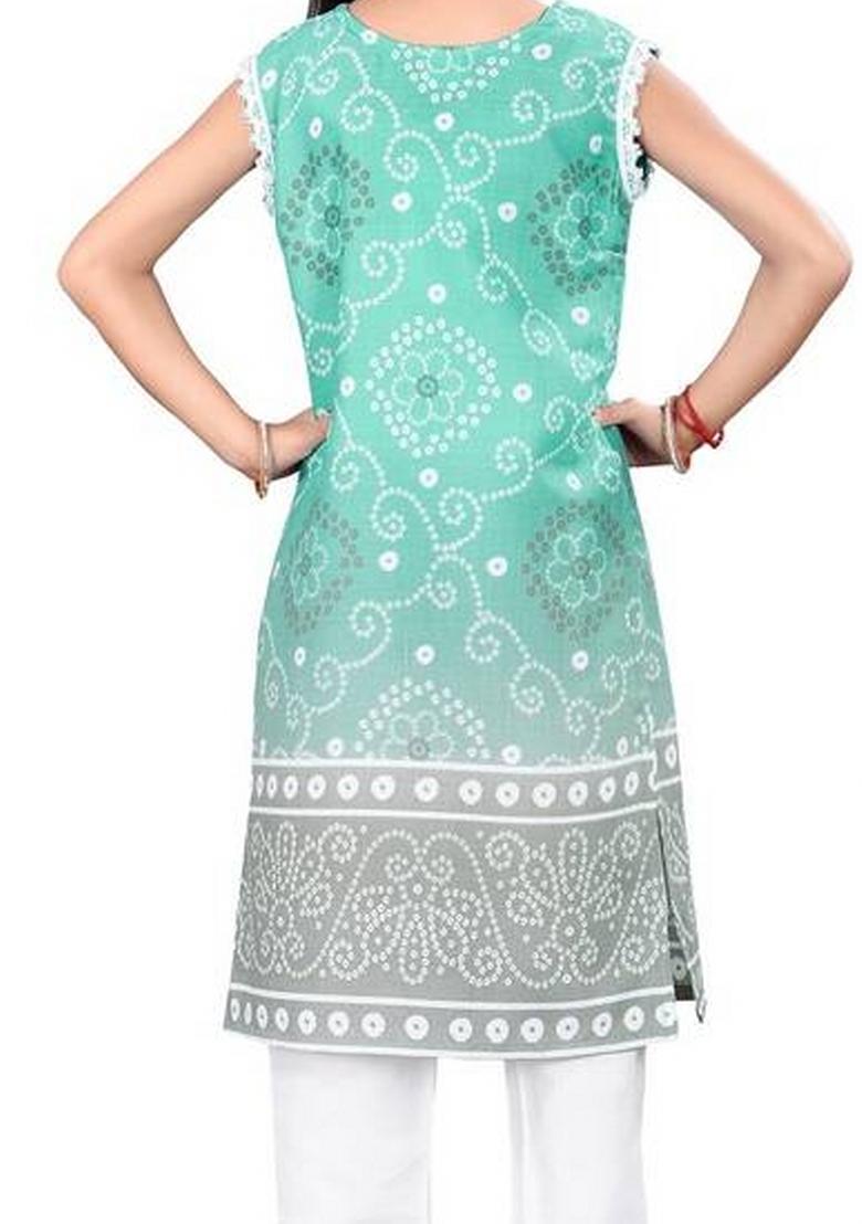 Green Printed  Cotton Salwar Kameez With Dupatta For Girls