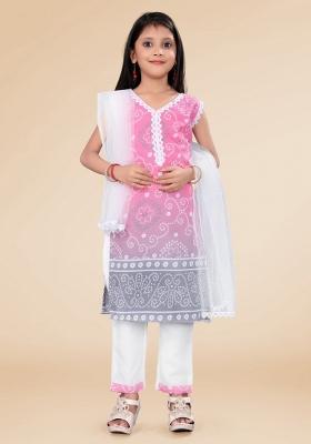 Pink Printed  Cotton Salwar Kameez With Dupatta For Girls