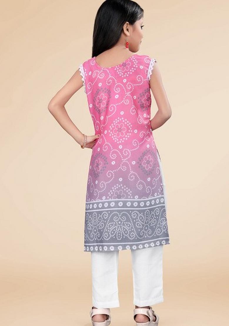 Pink Printed  Cotton Salwar Kameez With Dupatta For Girls