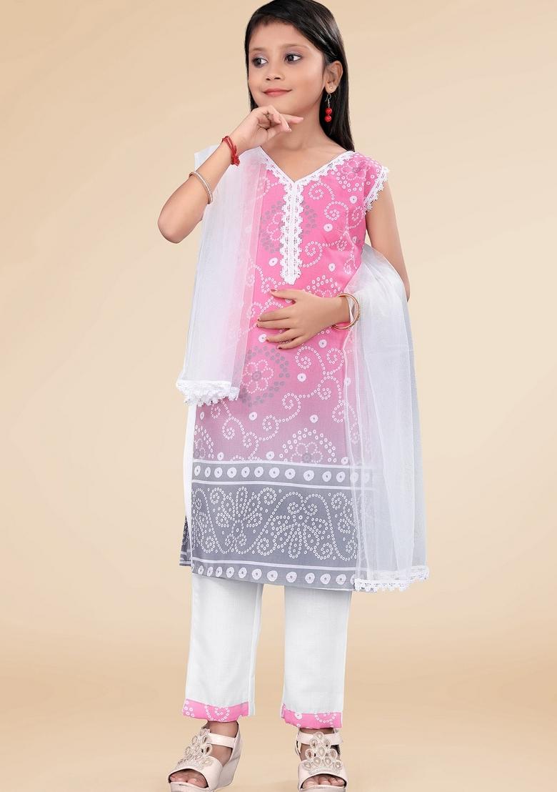 Pink Printed  Cotton Salwar Kameez With Dupatta For Girls