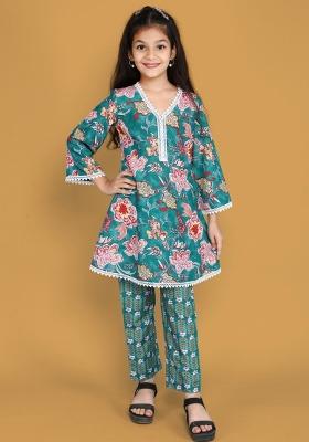 Teal Blue Printed  Roman Slub Salwar Kameez With Dupatta For Girls