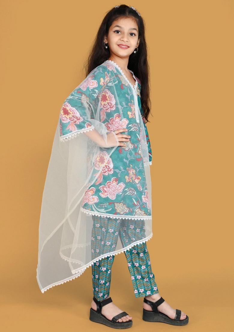 Teal Blue Printed  Roman Slub Salwar Kameez With Dupatta For Girls