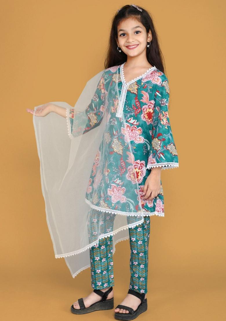 Teal Blue Printed  Roman Slub Salwar Kameez With Dupatta For Girls
