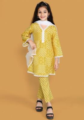 Yellow Printed  Roman Slub Salwar Kameez With Dupatta For Girls
