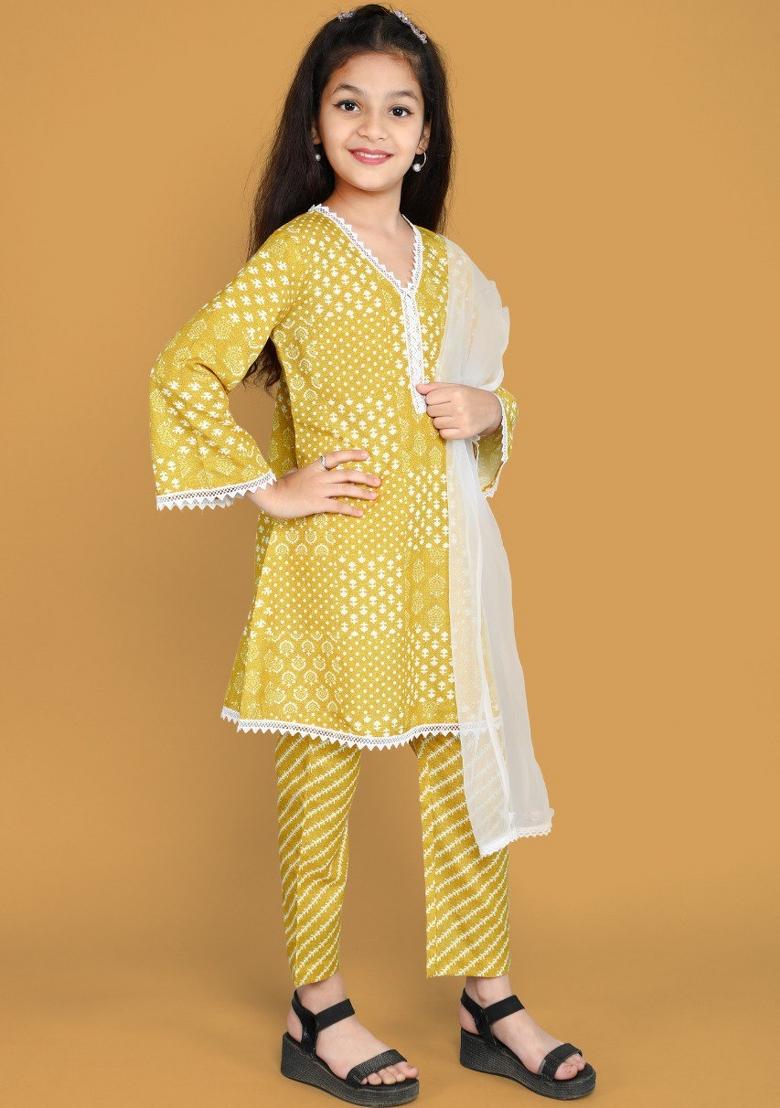 Yellow Printed  Roman Slub Salwar Kameez With Dupatta For Girls