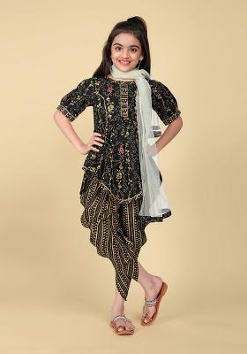 Black Printed  Cotton Salwar Kameez With Dupatta For Girls