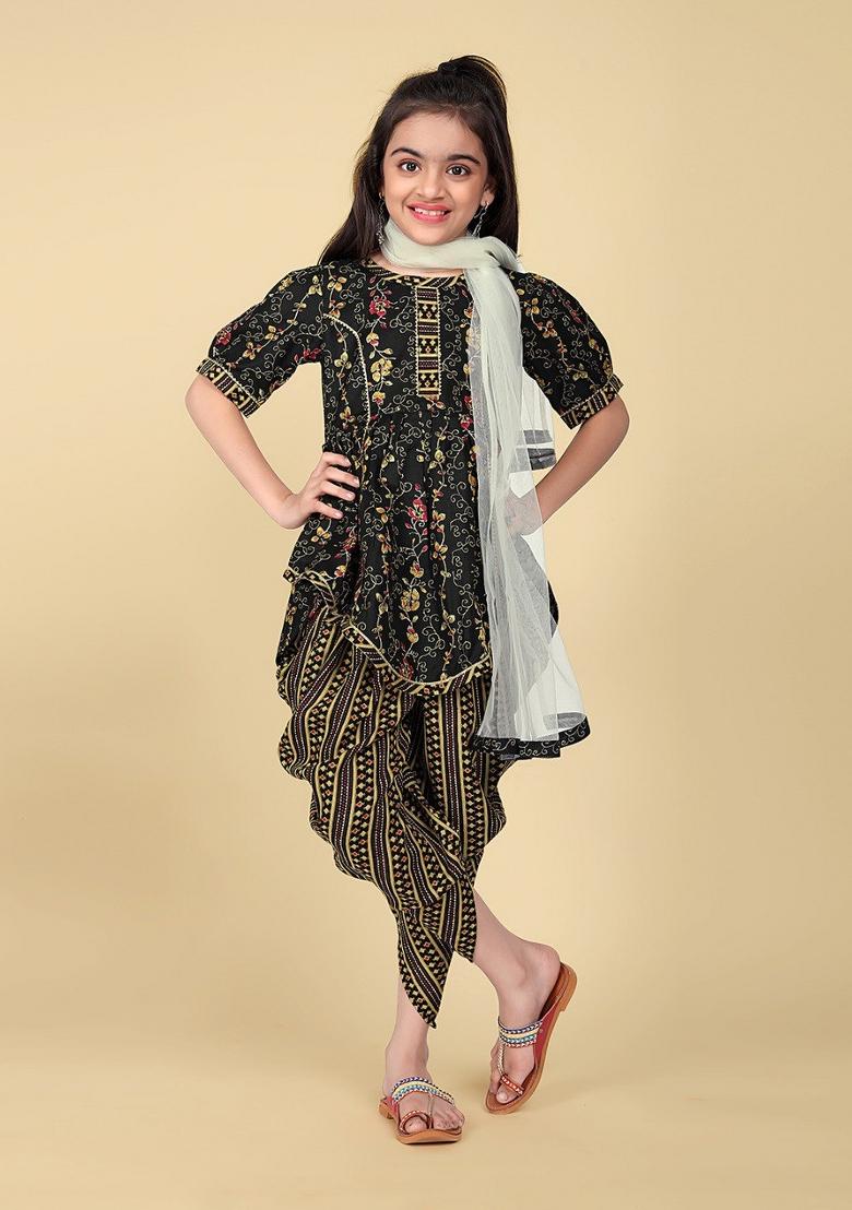 Black Printed  Cotton Salwar Kameez With Dupatta For Girls