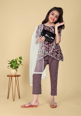 Maroon Printed  Cotton Salwar Kameez With Dupatta For Girls