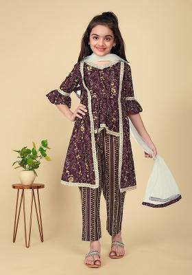 Maroon Printed  Cotton Salwar Kameez With Dupatta For Girls
