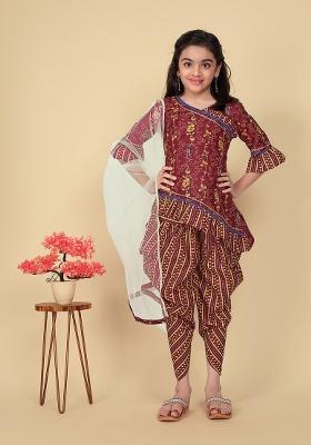 Red Printed  Cotton Salwar Kameez With Dupatta For Girls
