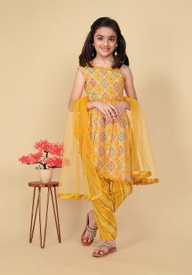 Yellow Printed  Cotton Salwar Kameez With Dupatta For Girls
