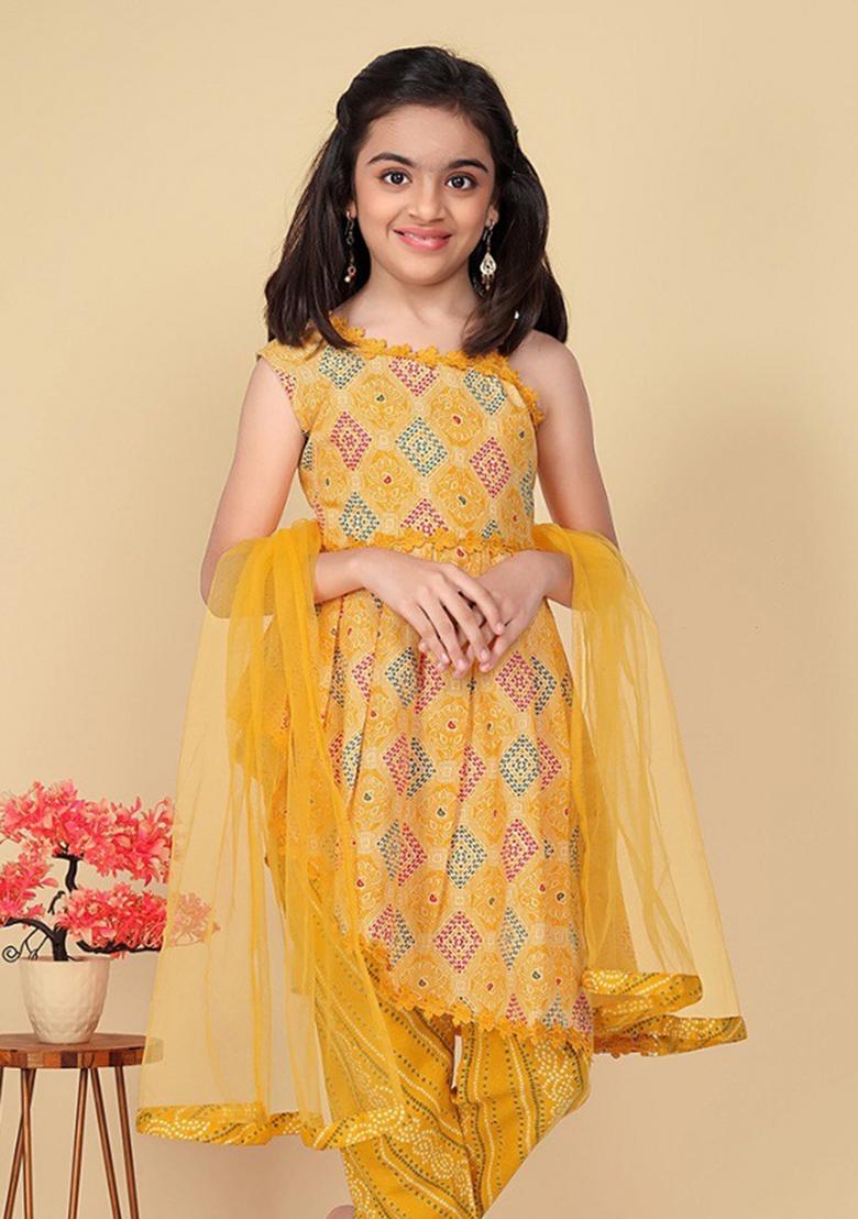 Yellow Printed  Cotton Salwar Kameez With Dupatta For Girls