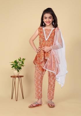 Orange Printed  Cotton Salwar Kameez With Dupatta For Girls