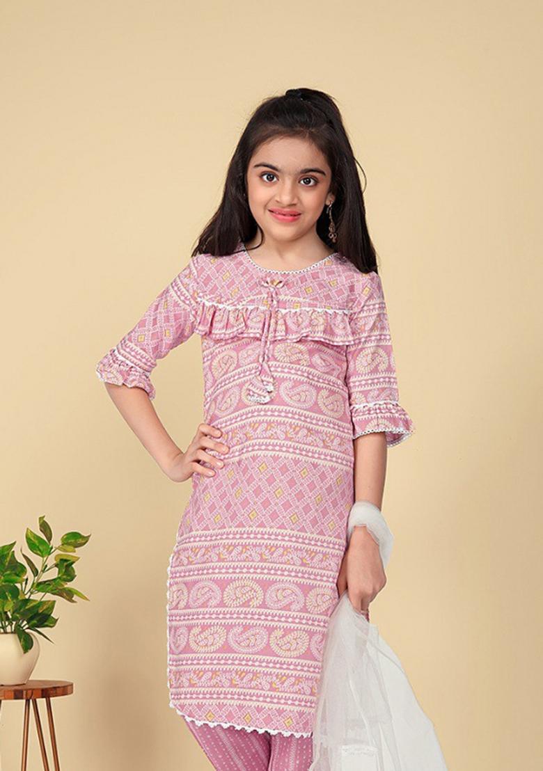 Light Pink Printed  Cotton Salwar Kameez With Dupatta For Girls
