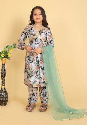 Multi Color Embroidered Muslin Salwar Kameez With Dupatta For Girls