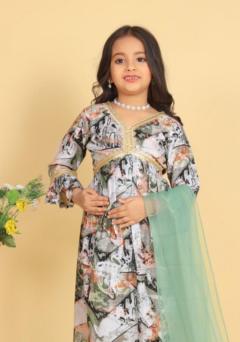 Multi Color Embroidered Muslin Salwar Kameez With Dupatta For Girls