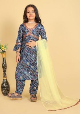 Navy Blue Embroidered Muslin Salwar Kameez With Dupatta For Girls