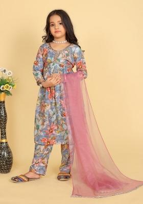 Sky Blue Embroidered Muslin Salwar Kameez With Dupatta For Girls