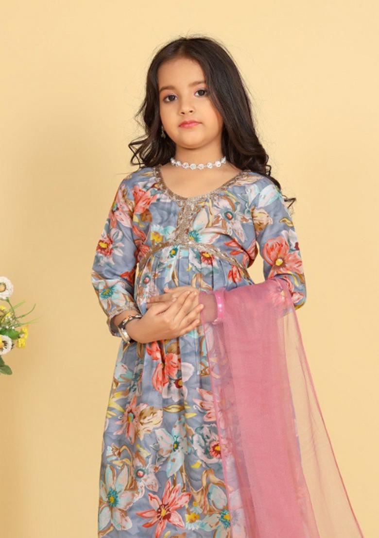 Sky Blue Embroidered Muslin Salwar Kameez With Dupatta For Girls