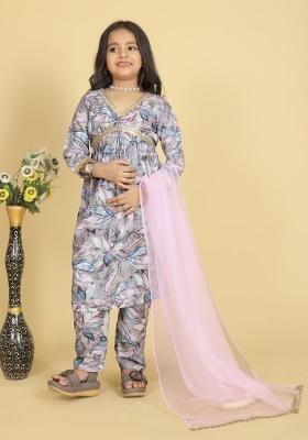Grey Printed  Roman Slub Salwar Kameez With Dupatta For Girls