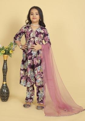 Wine Printed  Roman Slub Salwar Kameez With Dupatta For Girls