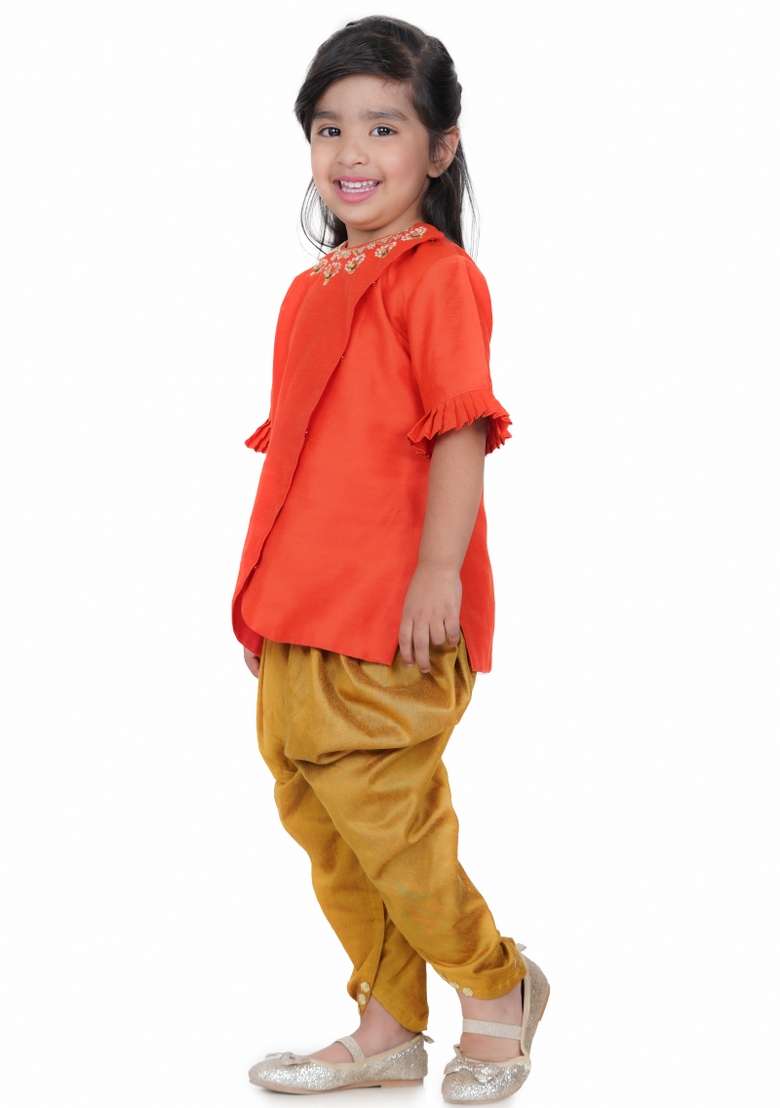 Orange Embroidery Silk Dhoti Kurta Set For Girls - Indya