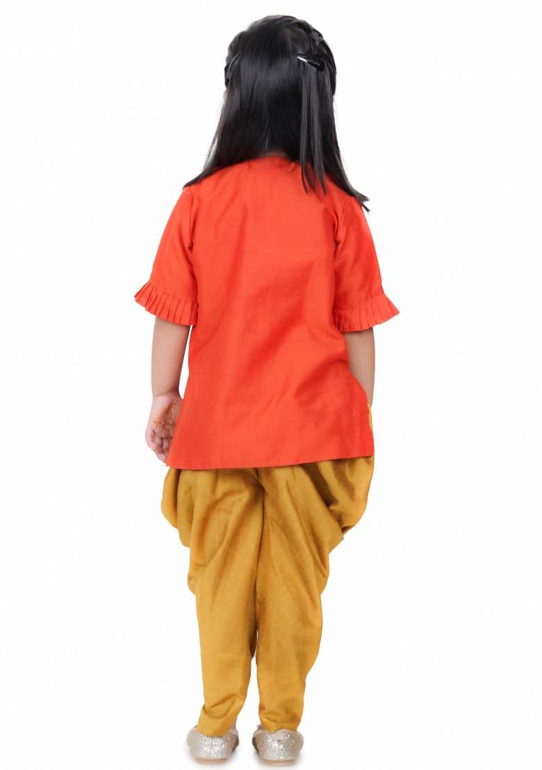 Orange Embroidery Silk Dhoti Kurta Set For Girls - Indya