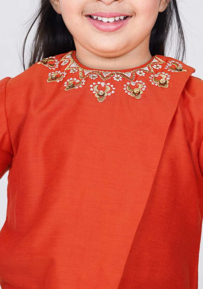 Orange Embroidery Silk Dhoti Kurta Set For Girls - Indya