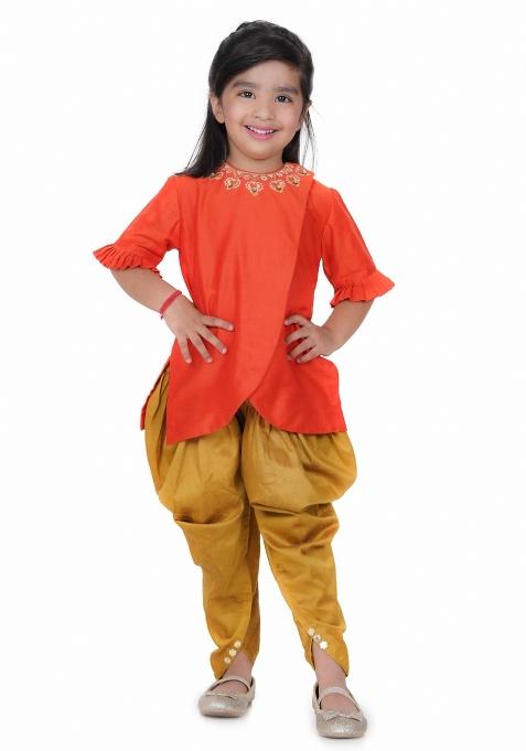Orange Embroidery Silk Dhoti Kurta Set For Girls