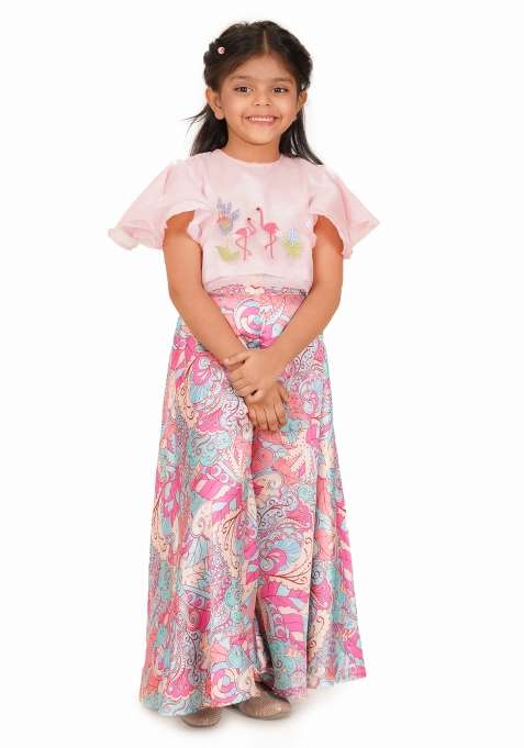 Baby Pink Embroidery Satin Palazzo Set For Girls