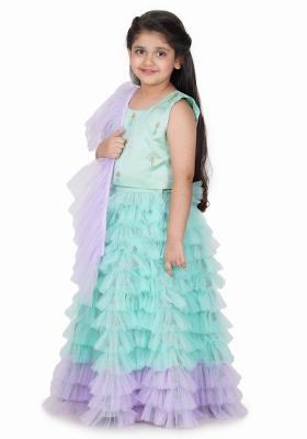 Sea Green Embroidery Blended Lehenga Set For Girls