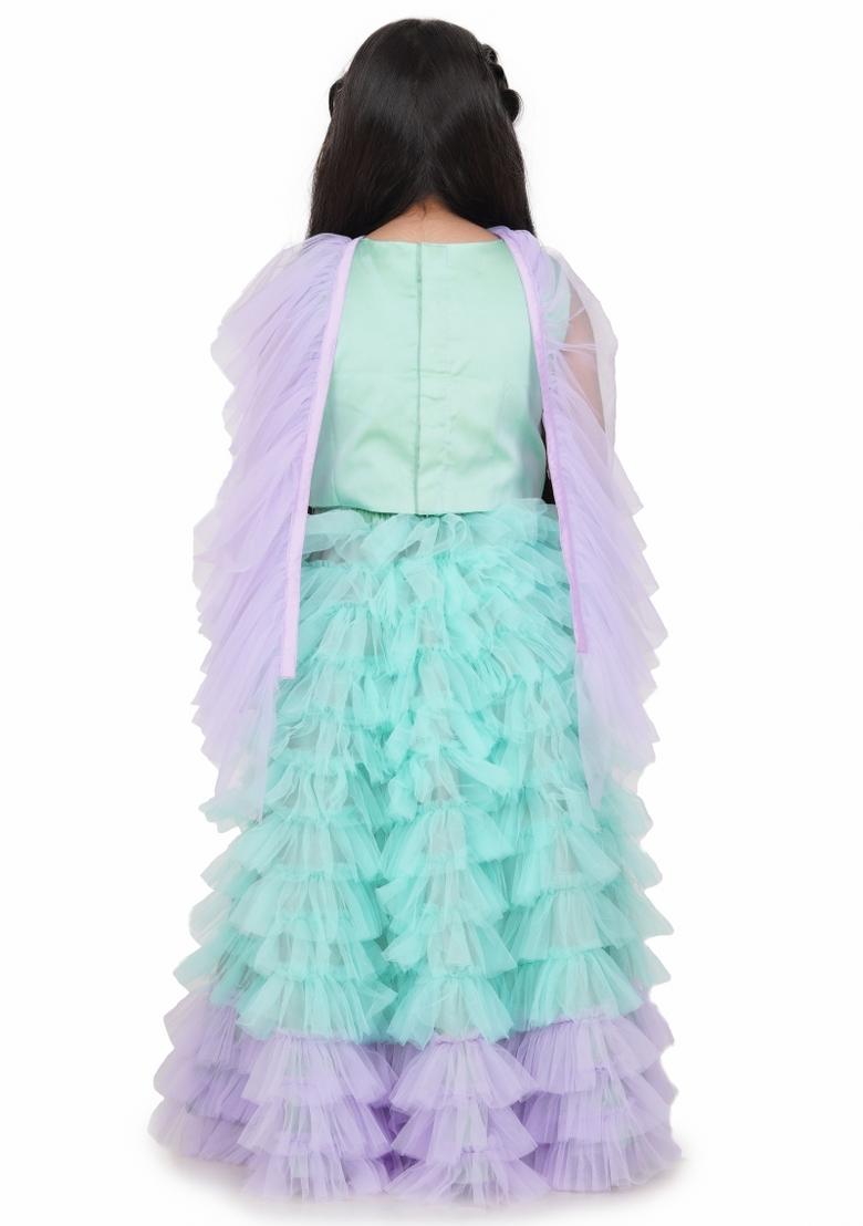 Sea Green Embroidery Blended Lehenga Set For Girls