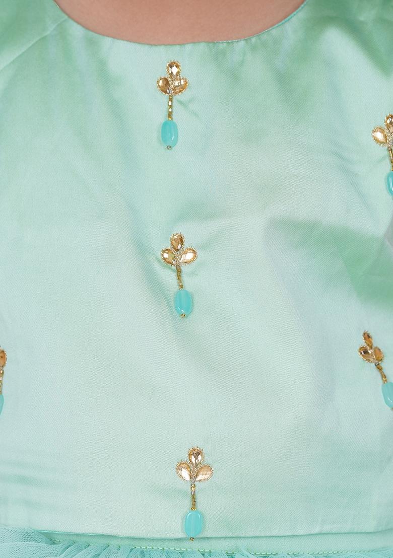Sea Green Embroidery Blended Lehenga Set For Girls