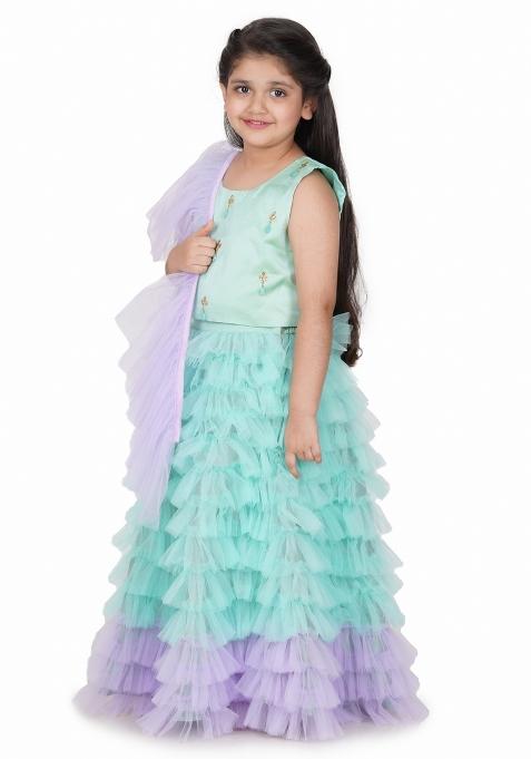 Sea Green Embroidery Blended Lehenga Set For Girls