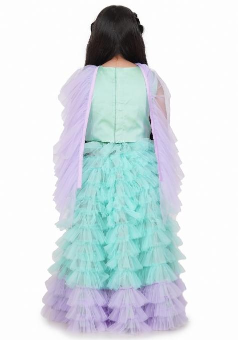 Sea Green Embroidery Blended Lehenga Set For Girls