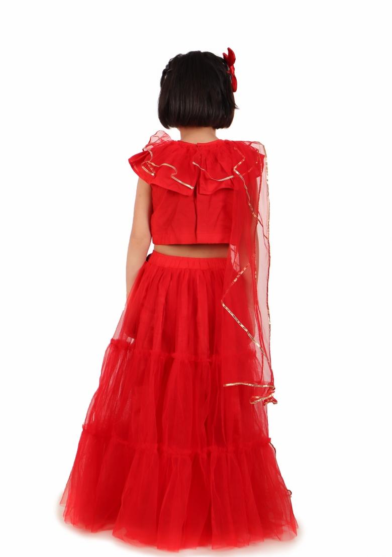 Red Embroidery Silk Lehenga Set For Girls