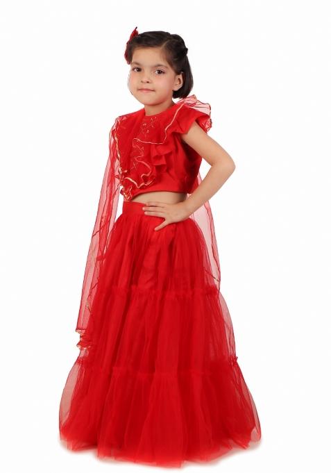Red Embroidery Silk Lehenga Set For Girls