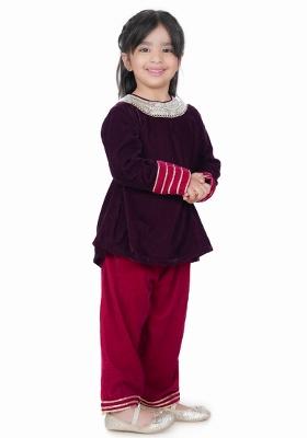 Wine Embroidery Velvet Salwar Kameez With Dupatta For Girls