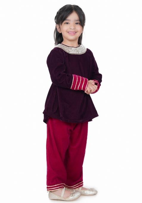 Wine Embroidery Velvet Salwar Kameez With Dupatta For Girls
