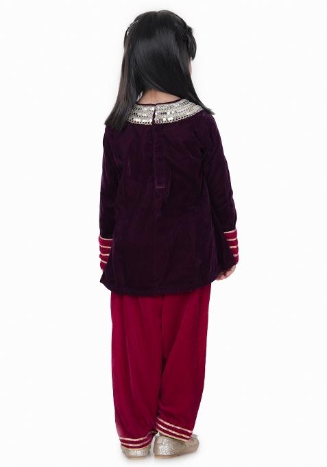 Wine Embroidery Velvet Salwar Kameez With Dupatta For Girls