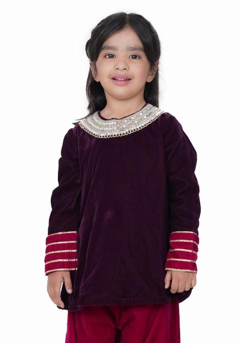Wine Embroidery Velvet Salwar Kameez With Dupatta For Girls