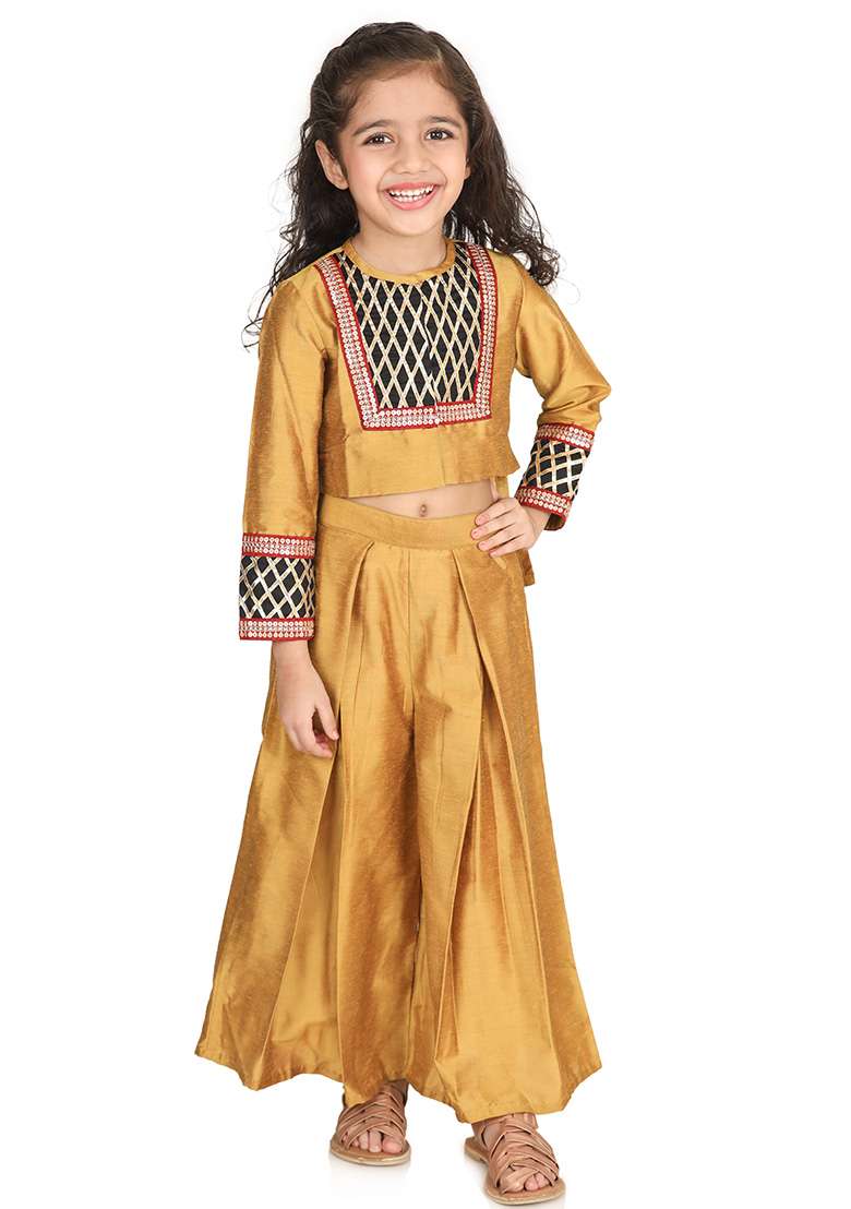 Golden Brown Embroidery Cotton Palazzo Set For Girls - Indya