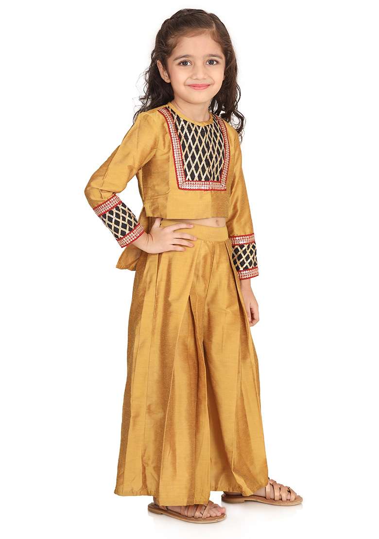 Golden Brown Embroidery Cotton Palazzo Set For Girls - Indya