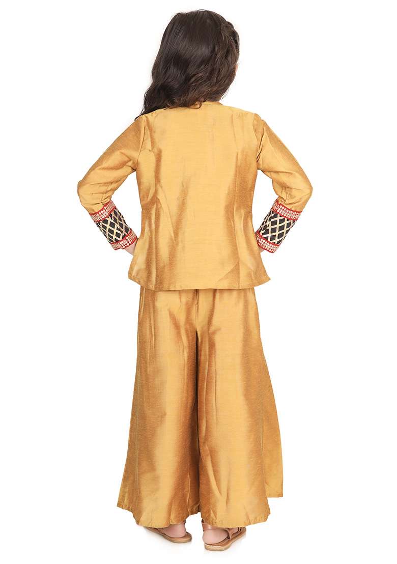 Golden Brown Embroidery Cotton Palazzo Set For Girls - Indya