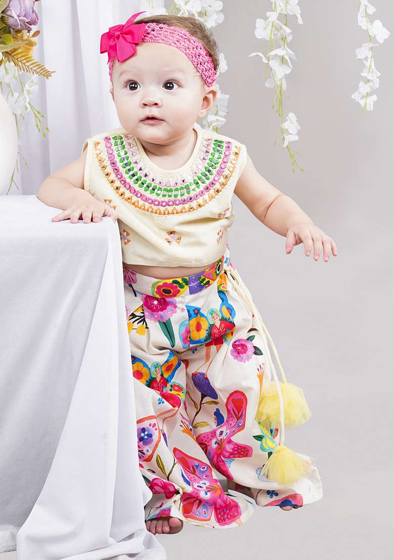 Cream Embroidery Cotton Palazzo Set For Girls - Indya