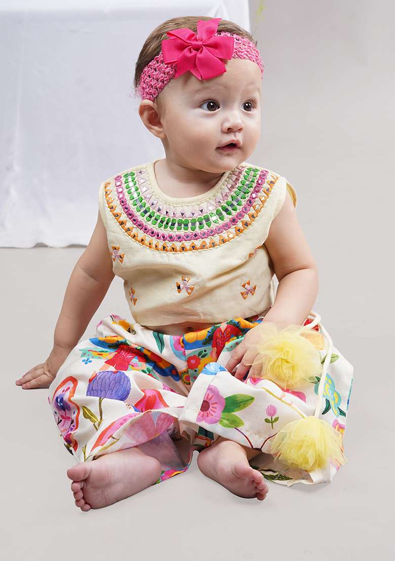 Cream Embroidery Cotton Palazzo Set For Girls - Indya
