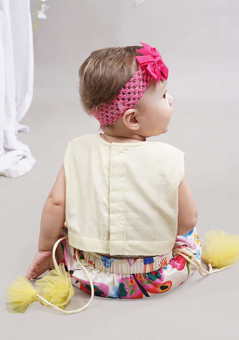 Cream Embroidery Cotton Palazzo Set For Girls - Indya