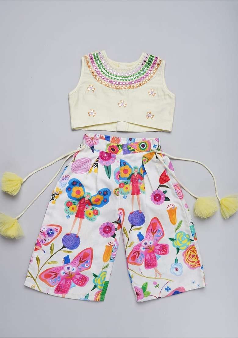 Cream Embroidery Cotton Palazzo Set For Girls - Indya