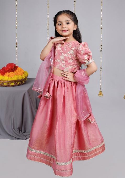 Dusty Pink Embroidery Blended Lehenga Set For Girls
